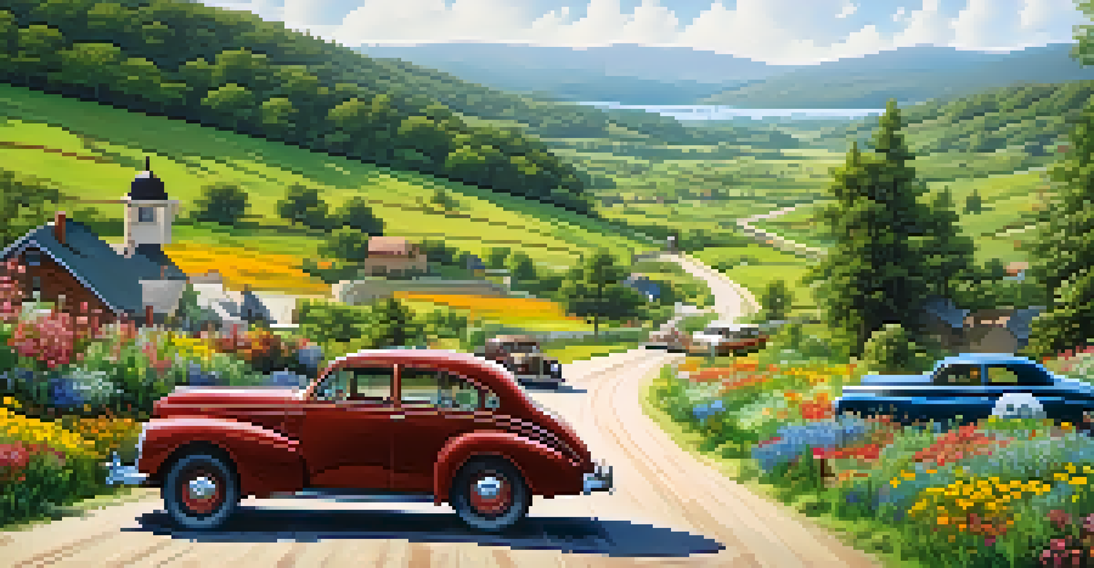 A winding road through green countryside with wildflowers, featuring vintage cars and travelers enjoying a picnic, symbolizing a culinary road trip.