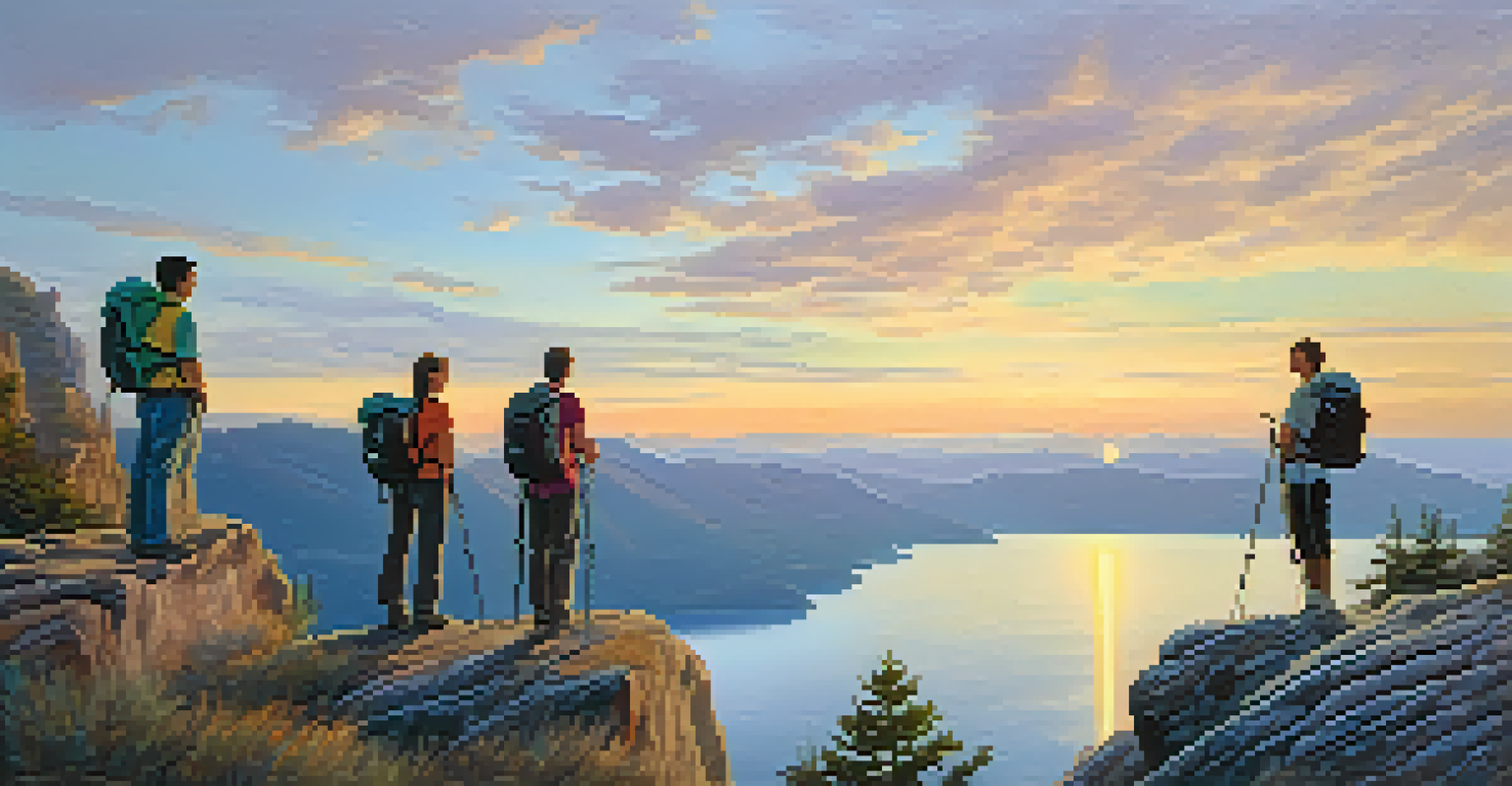 A group of hikers standing at a cliff's edge during sunrise, admiring a breathtaking mountain landscape and a calm lake.