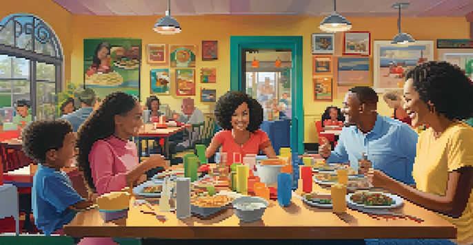 A family enjoying a meal in a colorful restaurant, with children's artwork on the walls and a play area in the background.
