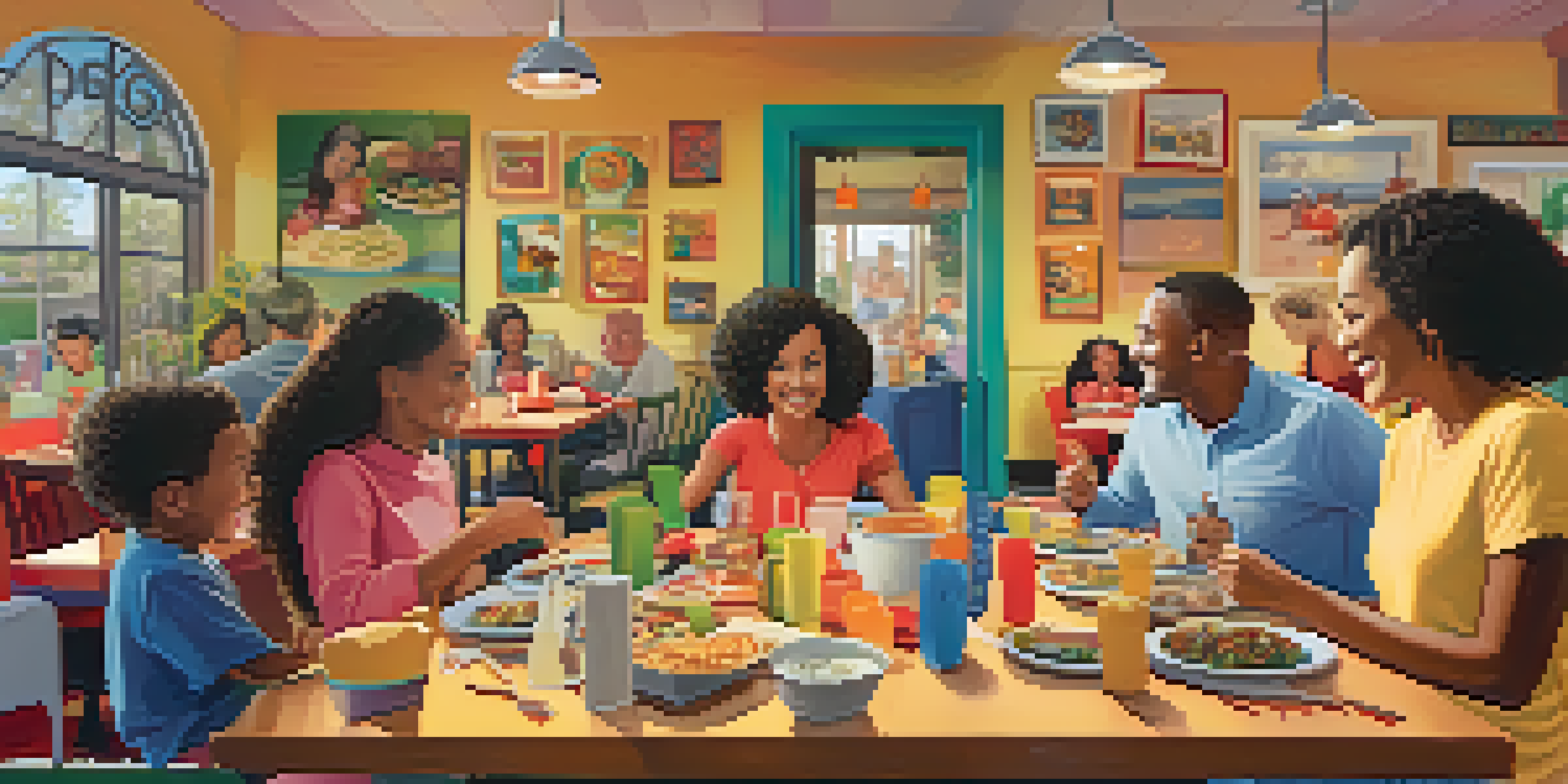 A family enjoying a meal in a colorful restaurant, with children's artwork on the walls and a play area in the background.