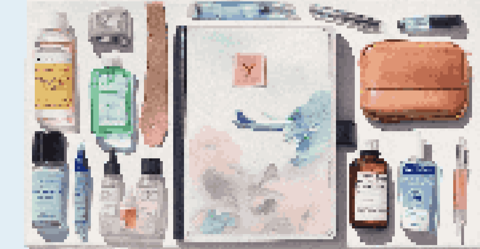 A colorful flat lay of travel essentials including hand sanitizer, face masks, and a first aid kit on a pastel background, symbolizing travel preparation.