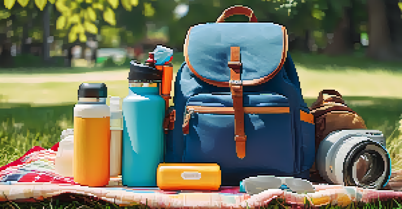 A close-up of a packed festival backpack on a picnic blanket, displaying essential items like a water bottle, sunscreen, and snacks in warm sunlight.