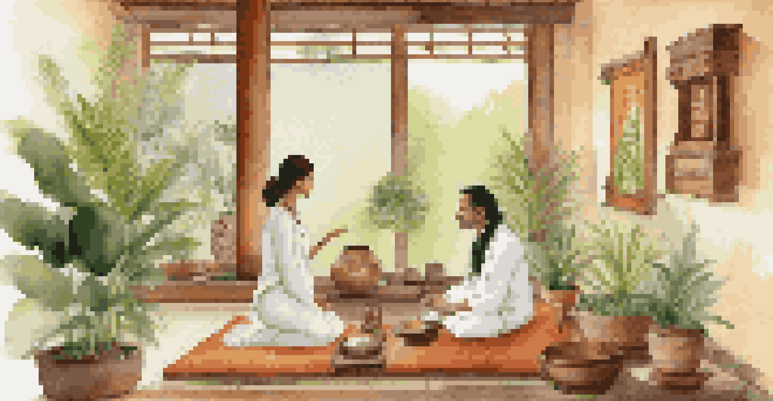 An Ayurvedic practitioner consulting a guest in a bright spa room filled with plants and herbal remedies, focusing on doshas for personalized treatment.