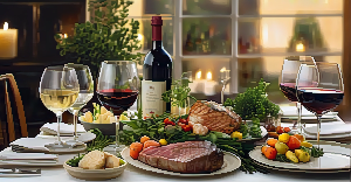 A dining table elegantly set for a wine pairing dinner with various wines and gourmet dishes, enhanced by warm candlelight.