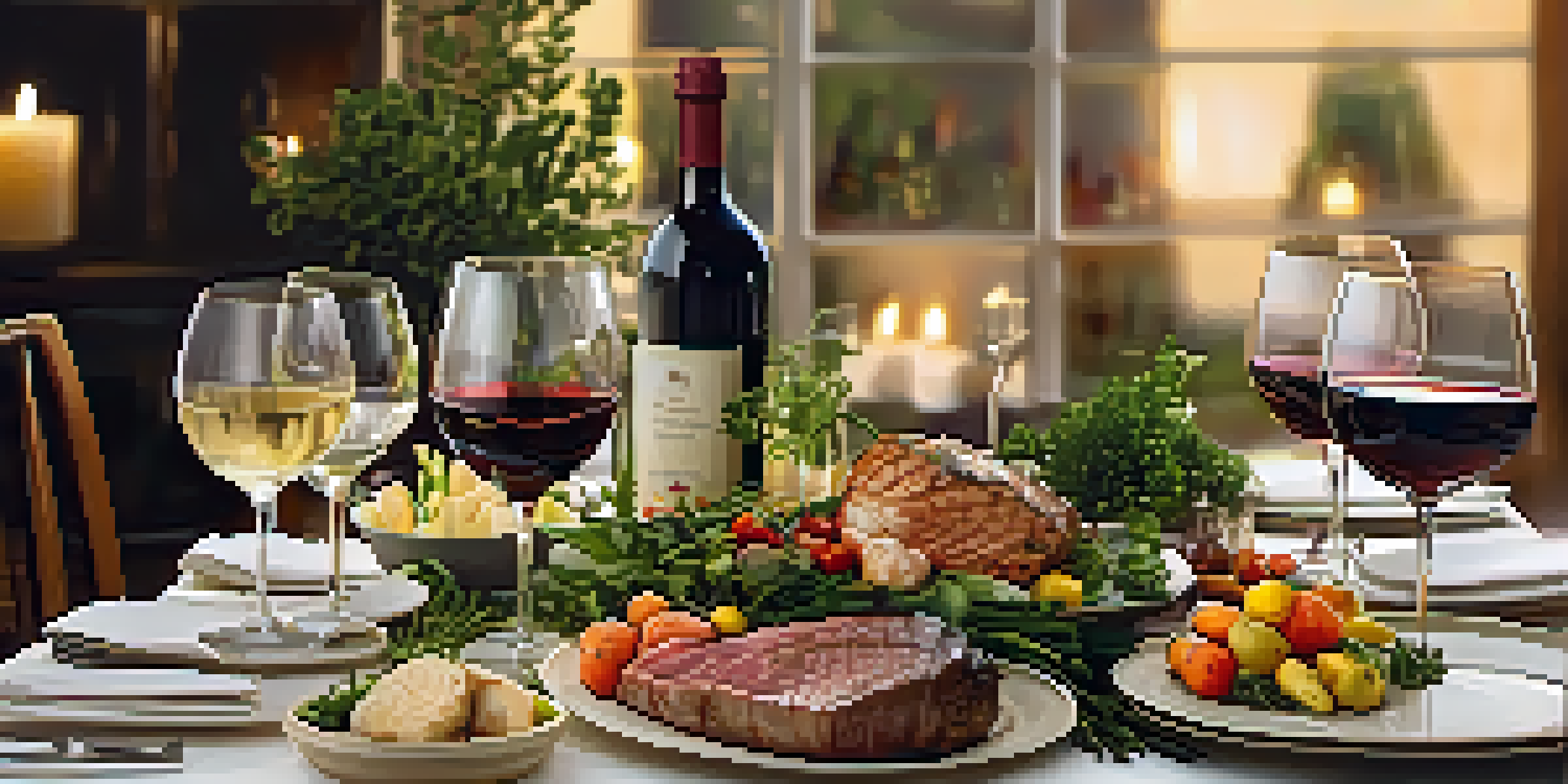 A dining table elegantly set for a wine pairing dinner with various wines and gourmet dishes, enhanced by warm candlelight.