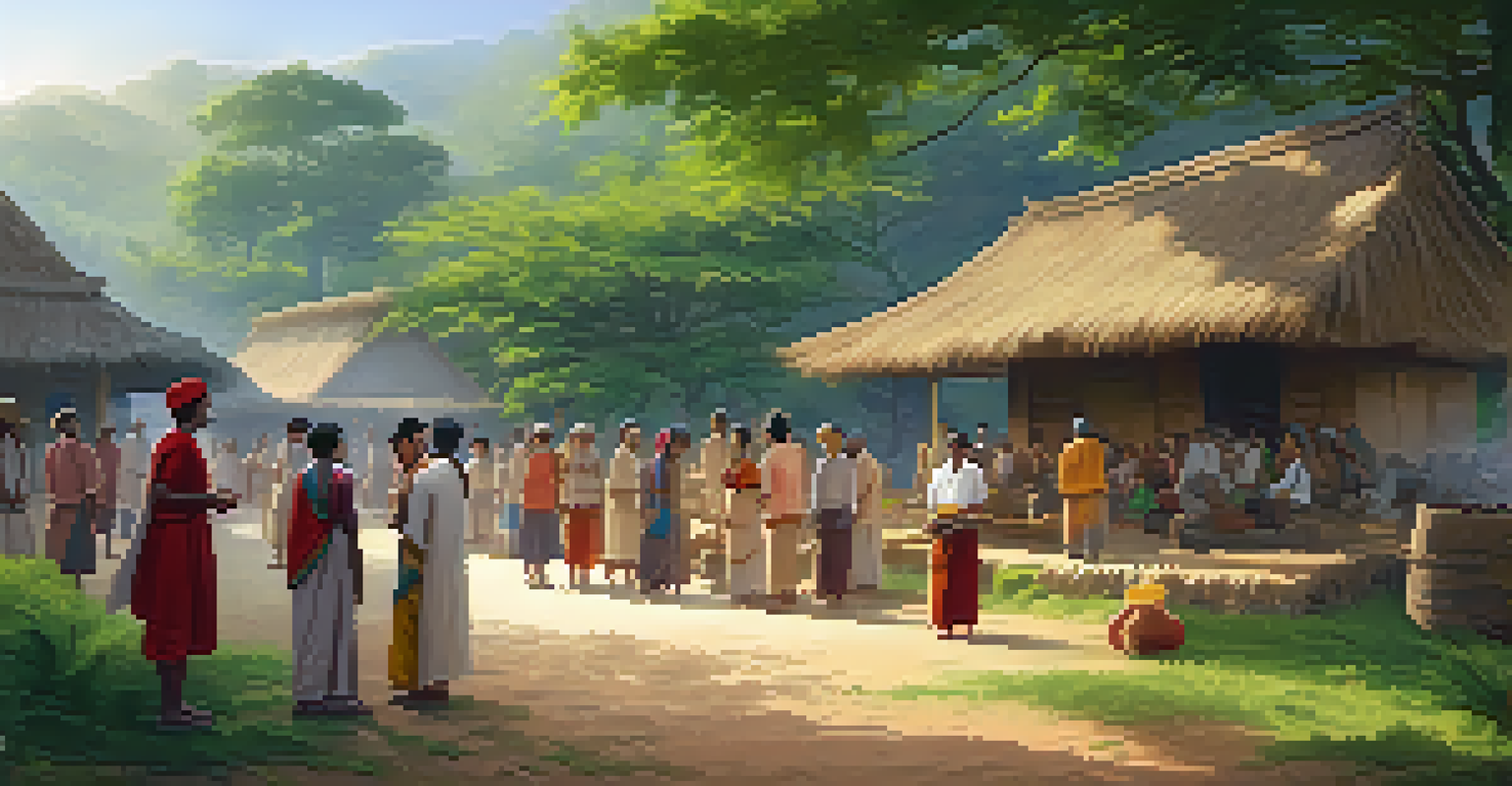 Participants engaging with villagers in a local setting, observing traditional crafts in a serene landscape with greenery.