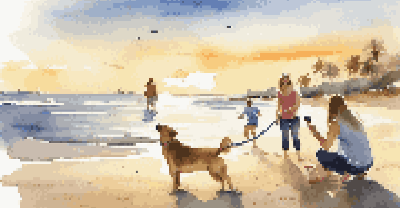 A family enjoying a pet-friendly beach with a happy dog playing in the sand during sunset.