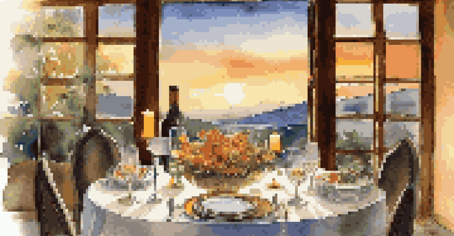 An elegantly set dining table with gourmet dishes and candlelight, overlooking a sunset view.