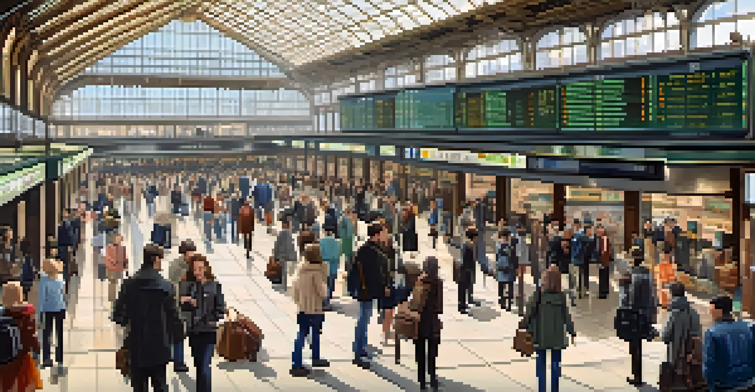 A busy train station scene with travelers, electronic boards, ticket counters, and shops.