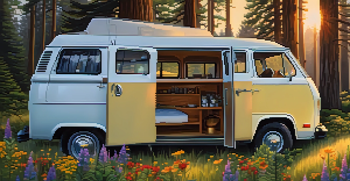 A cozy van parked in a national park with an inviting interior, surrounded by trees and flowers at sunset.