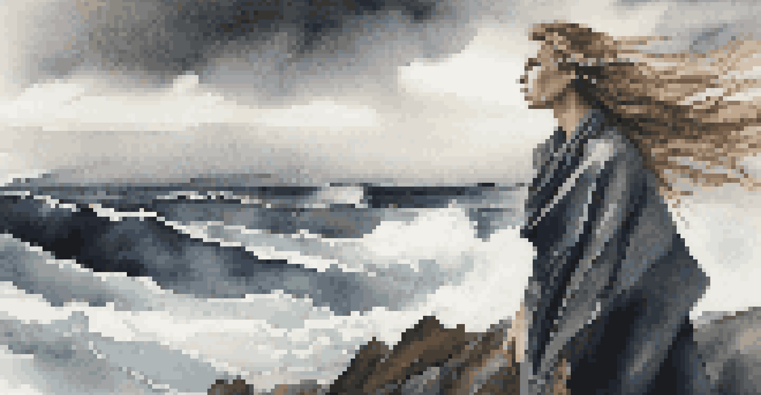 A woman on a cliff during a windy day, with her hair and scarf flowing in the wind against a stormy sea backdrop.