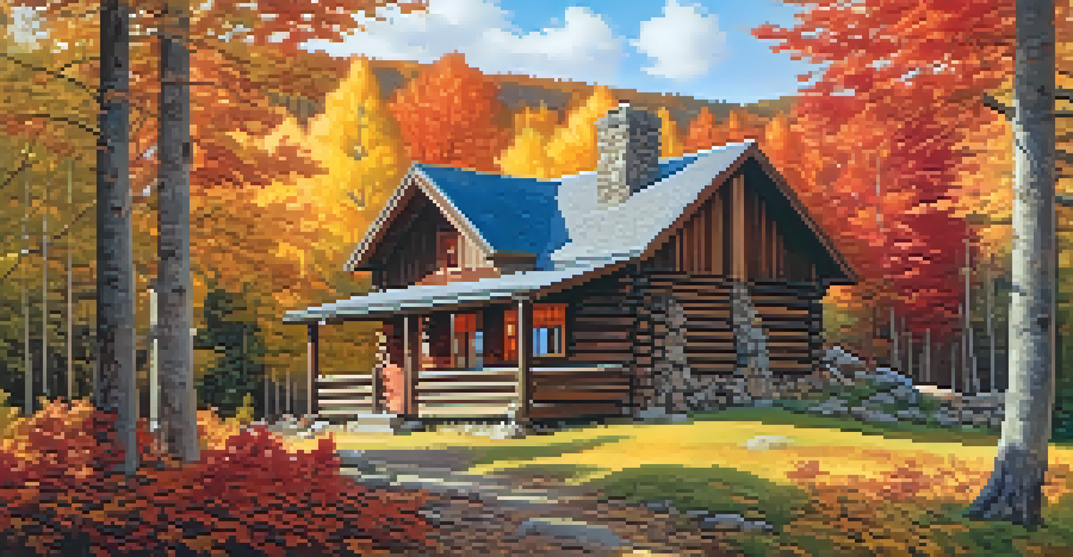 A rustic mountain cabin in autumn with colorful leaves and a clear blue sky.