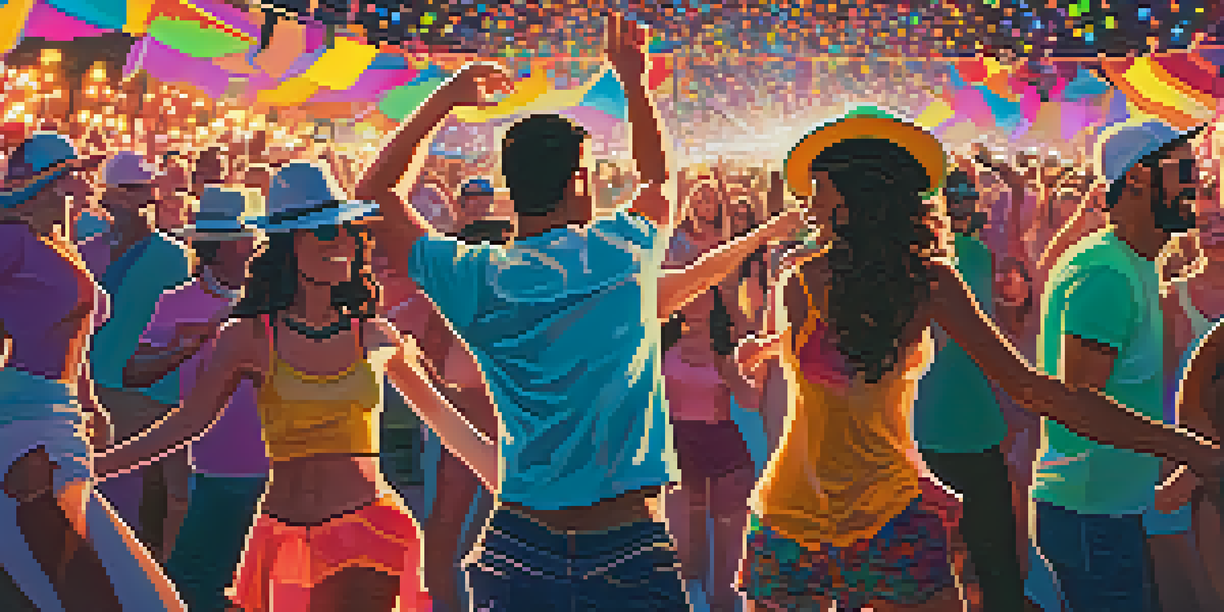 A lively outdoor music festival with a diverse crowd dancing, colorful lights, and performers on stage, showcasing various festival outfits and accessories.