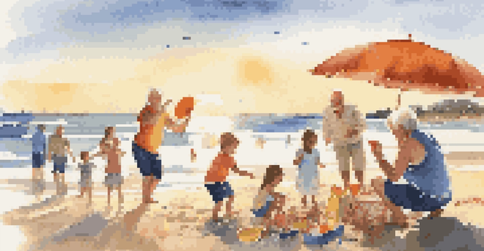 A multi-generational family enjoys a day at the beach, with children playing and adults relaxing under umbrellas during sunset.