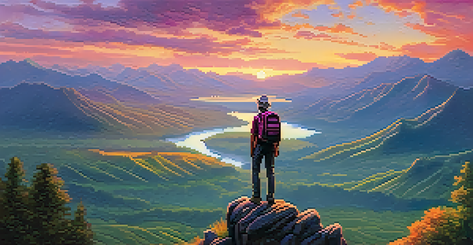 A traveler looking out over a picturesque mountain landscape at sunset, with colorful skies and lush greenery below.