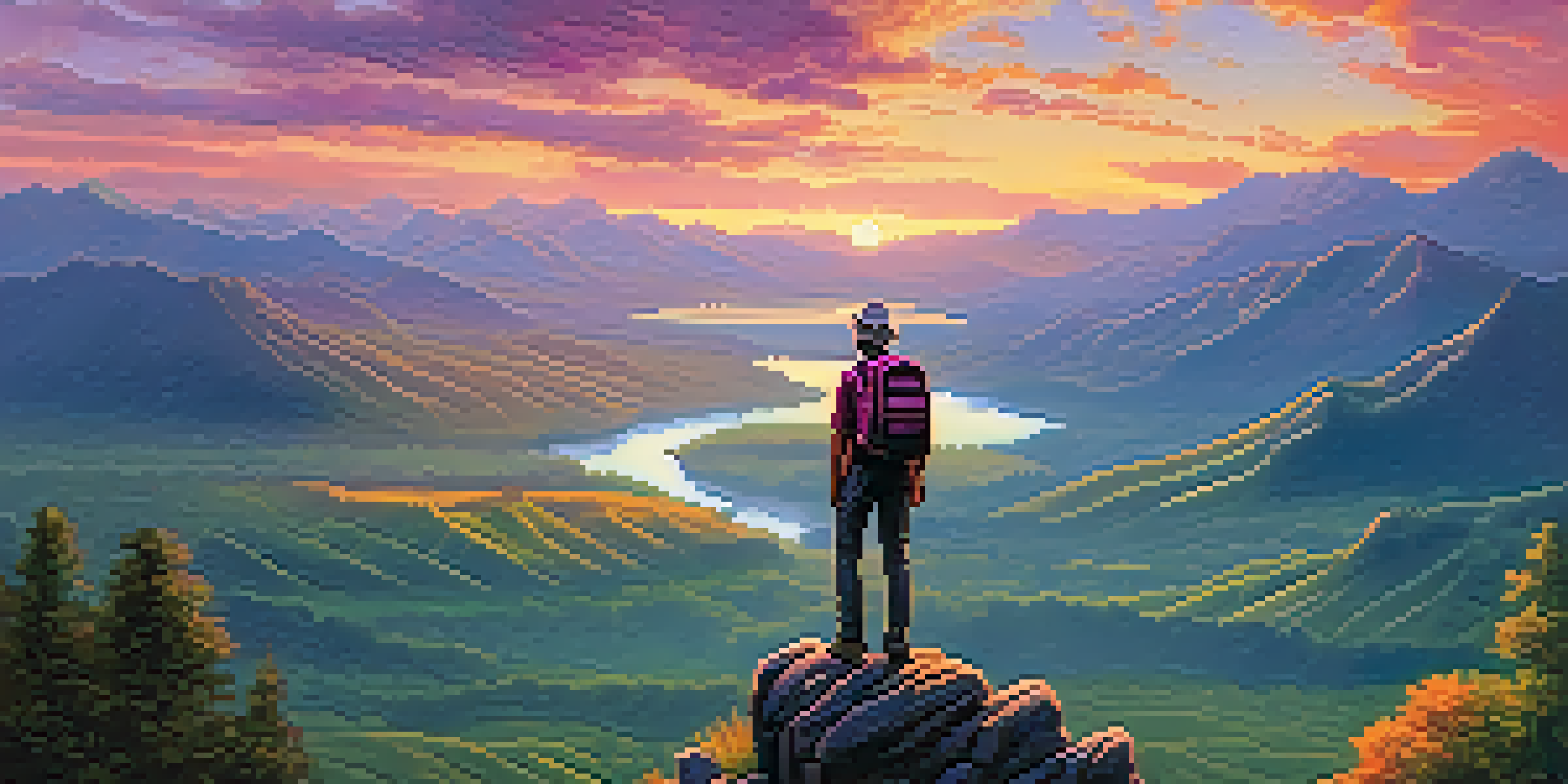 A traveler looking out over a picturesque mountain landscape at sunset, with colorful skies and lush greenery below.