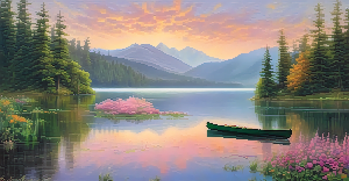 A peaceful mountain lake at sunrise with mist, surrounded by green forests and blooming wildflowers, featuring a canoe on the water.