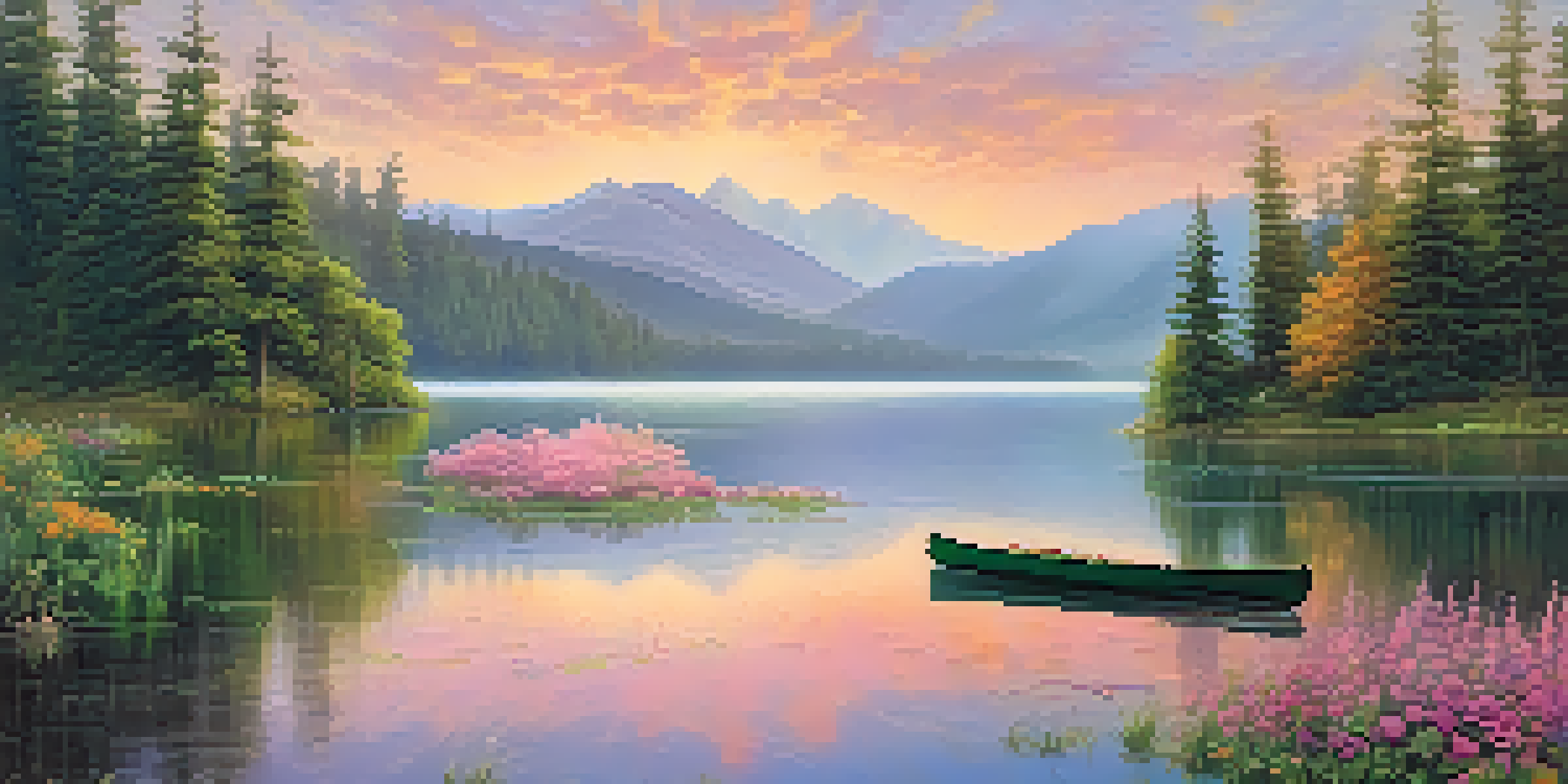 A peaceful mountain lake at sunrise with mist, surrounded by green forests and blooming wildflowers, featuring a canoe on the water.