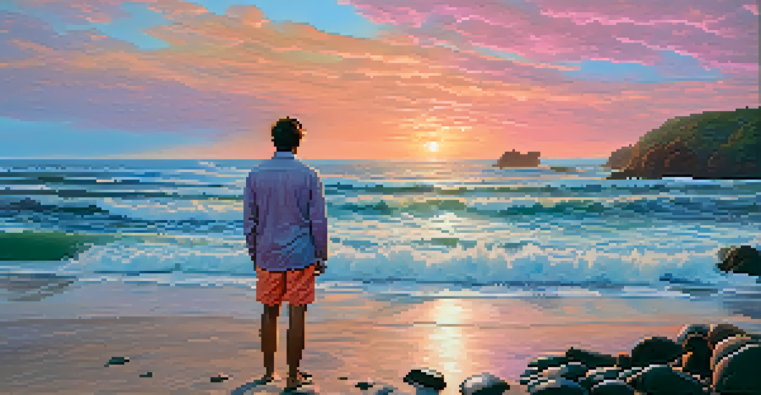 A traveler on a rocky beach watching the sunset, with crashing waves and a colorful sky in the background.