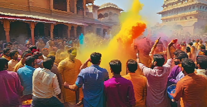 A joyful street scene of people covered in colorful powders celebrating Holi, with traditional Indian buildings in the background.