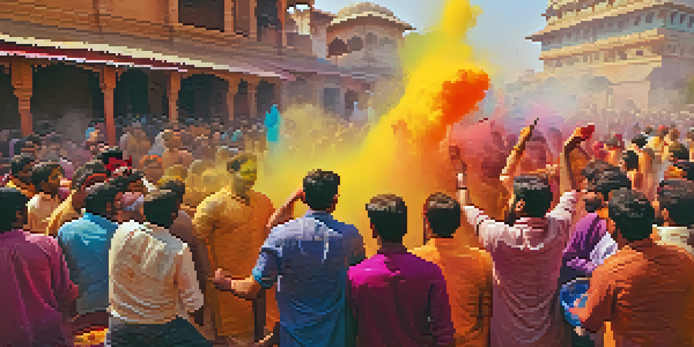 A joyful street scene of people covered in colorful powders celebrating Holi, with traditional Indian buildings in the background.