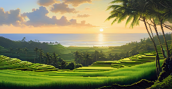 A tranquil Bali landscape with rice terraces and a beach, featuring a person practicing yoga in the foreground.