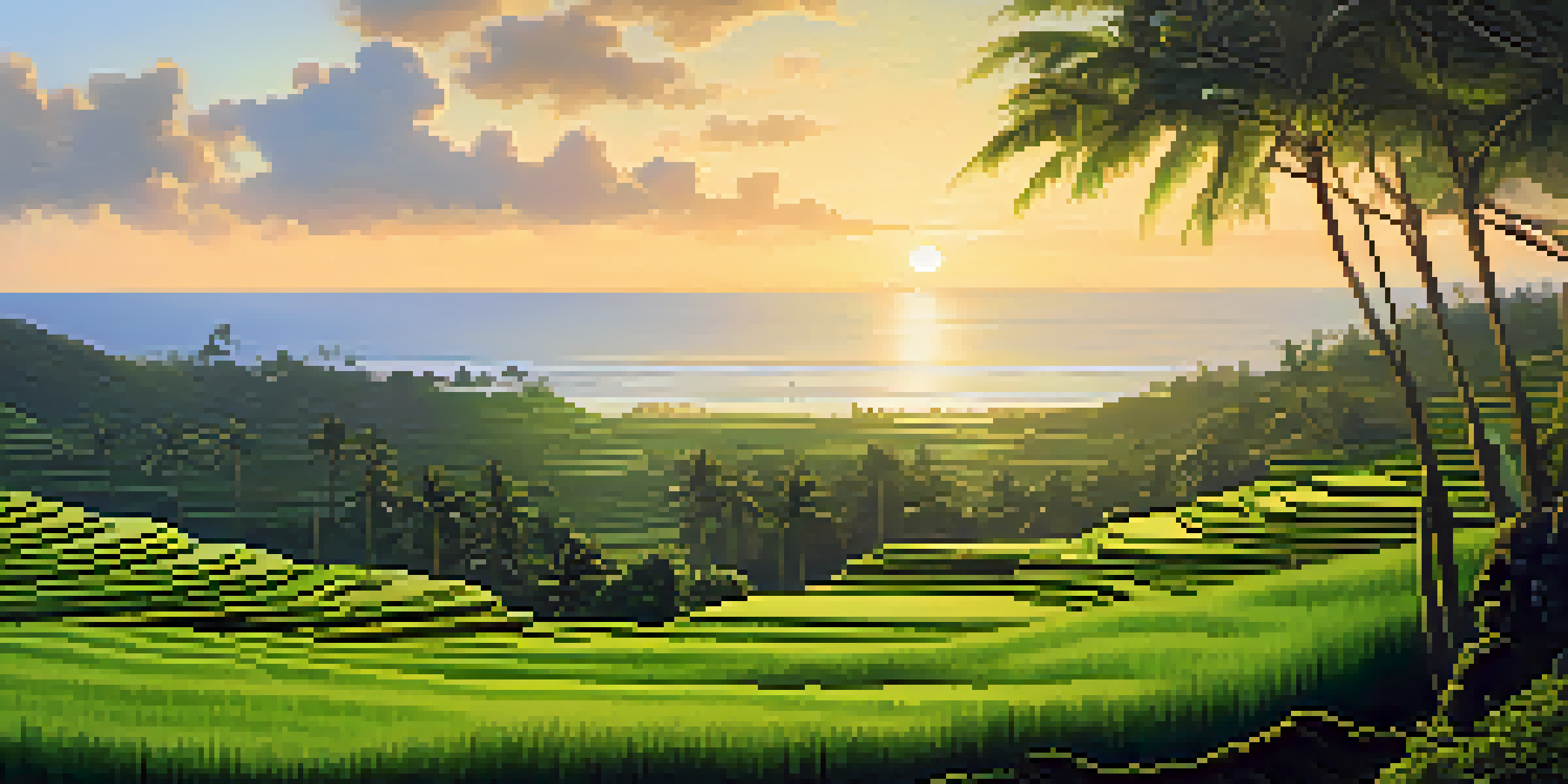 A tranquil Bali landscape with rice terraces and a beach, featuring a person practicing yoga in the foreground.