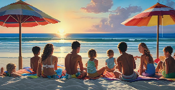 A large family enjoying a reunion at a beach resort, with children playing in the sand and adults relaxing under colorful umbrellas during sunset.
