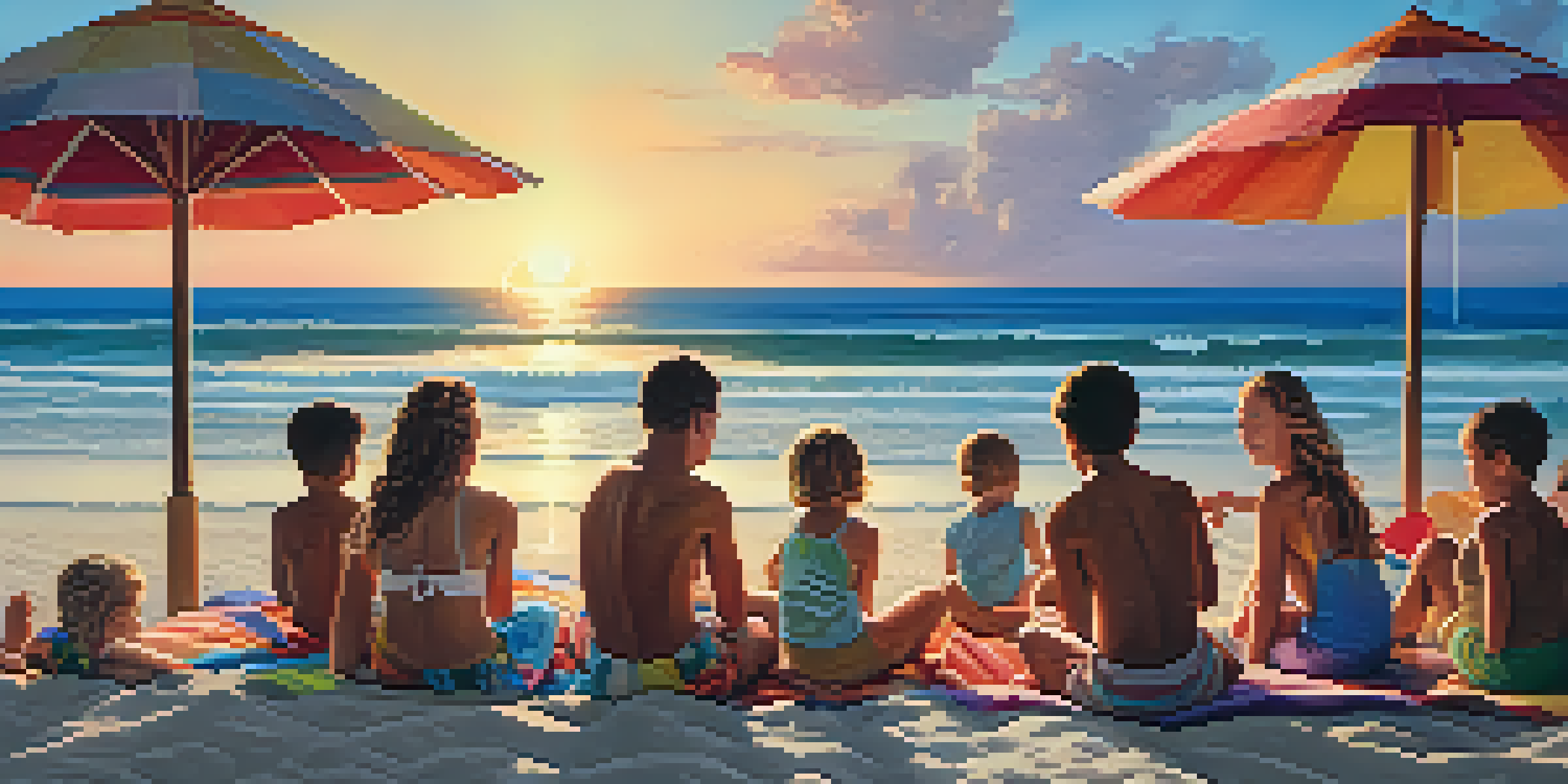 A large family enjoying a reunion at a beach resort, with children playing in the sand and adults relaxing under colorful umbrellas during sunset.