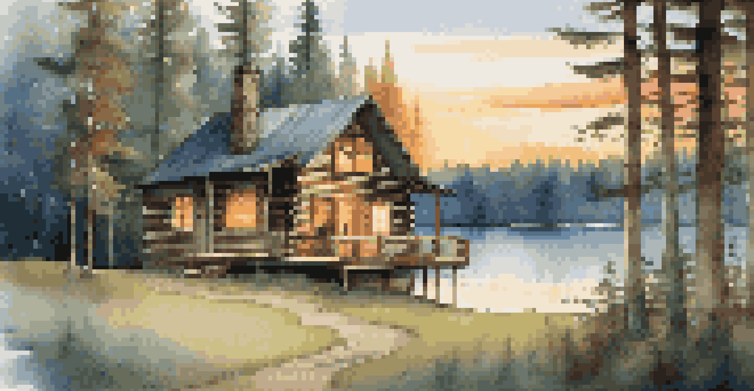 A rustic cabin in the woods with a dog playing in front and a sunset backdrop.