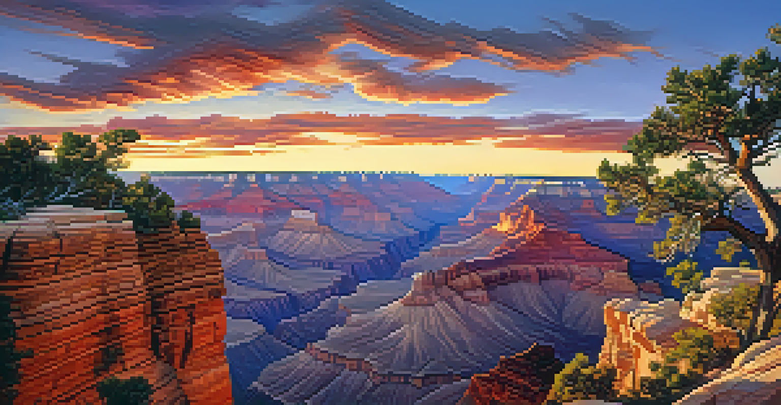 A panoramic view of the Grand Canyon at sunrise, showcasing colorful rock formations and dramatic shadows.
