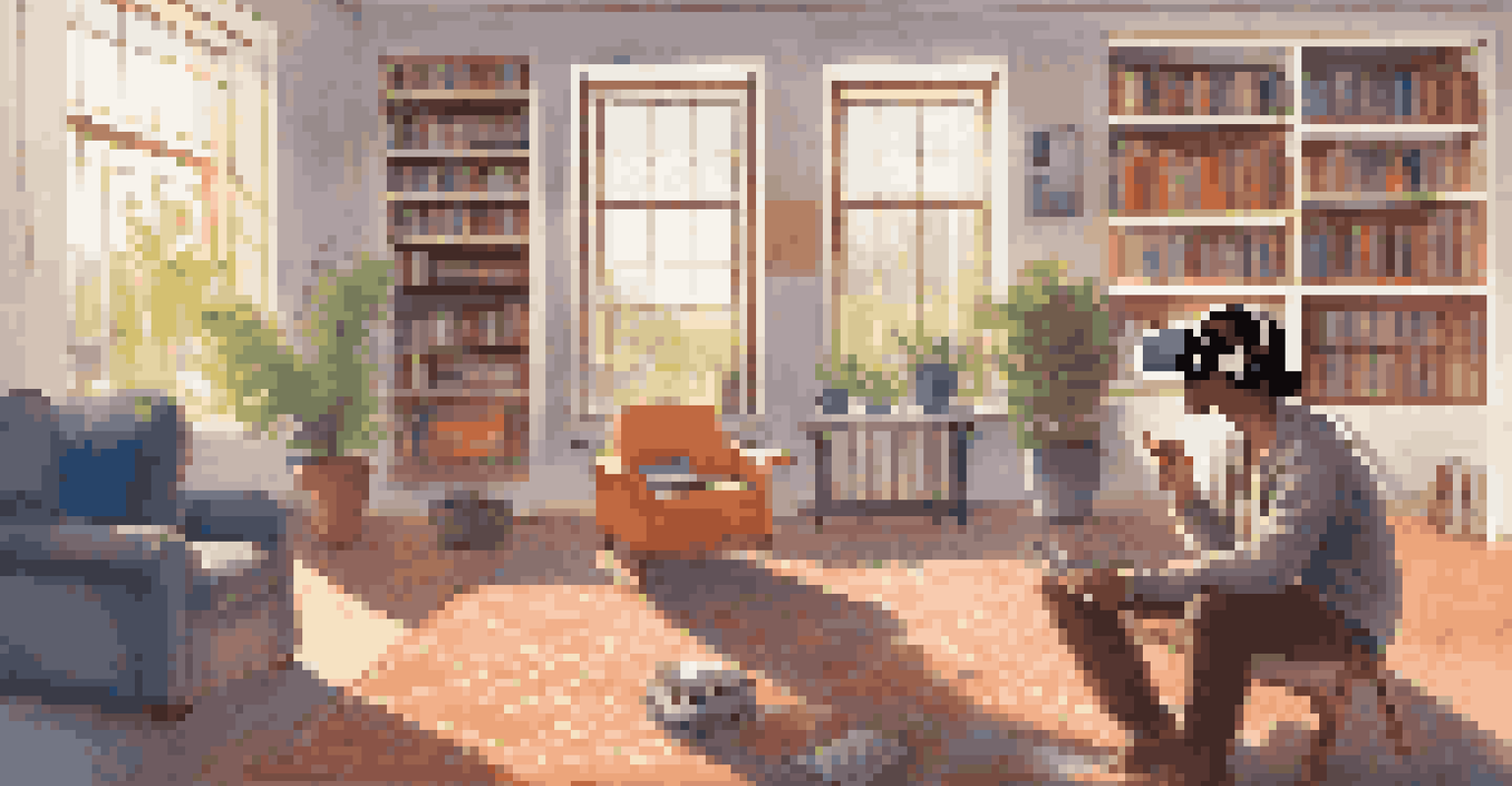 A student in a cozy living room wearing a VR headset, exploring a virtual university campus displayed on the screen.