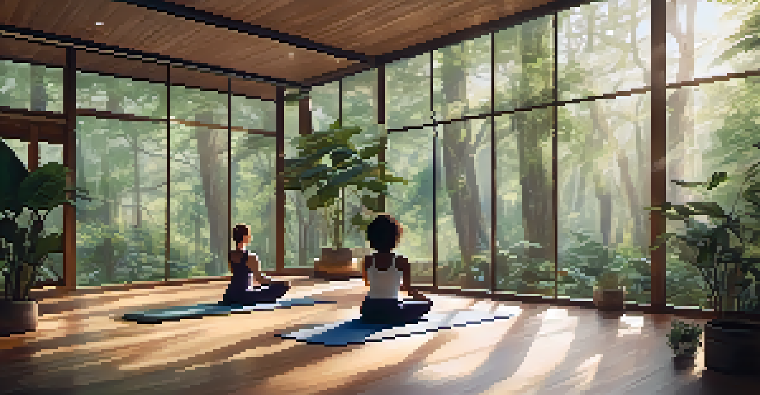 A yoga class taking place in a cozy forest studio, with participants practicing on yoga mats surrounded by greenery.