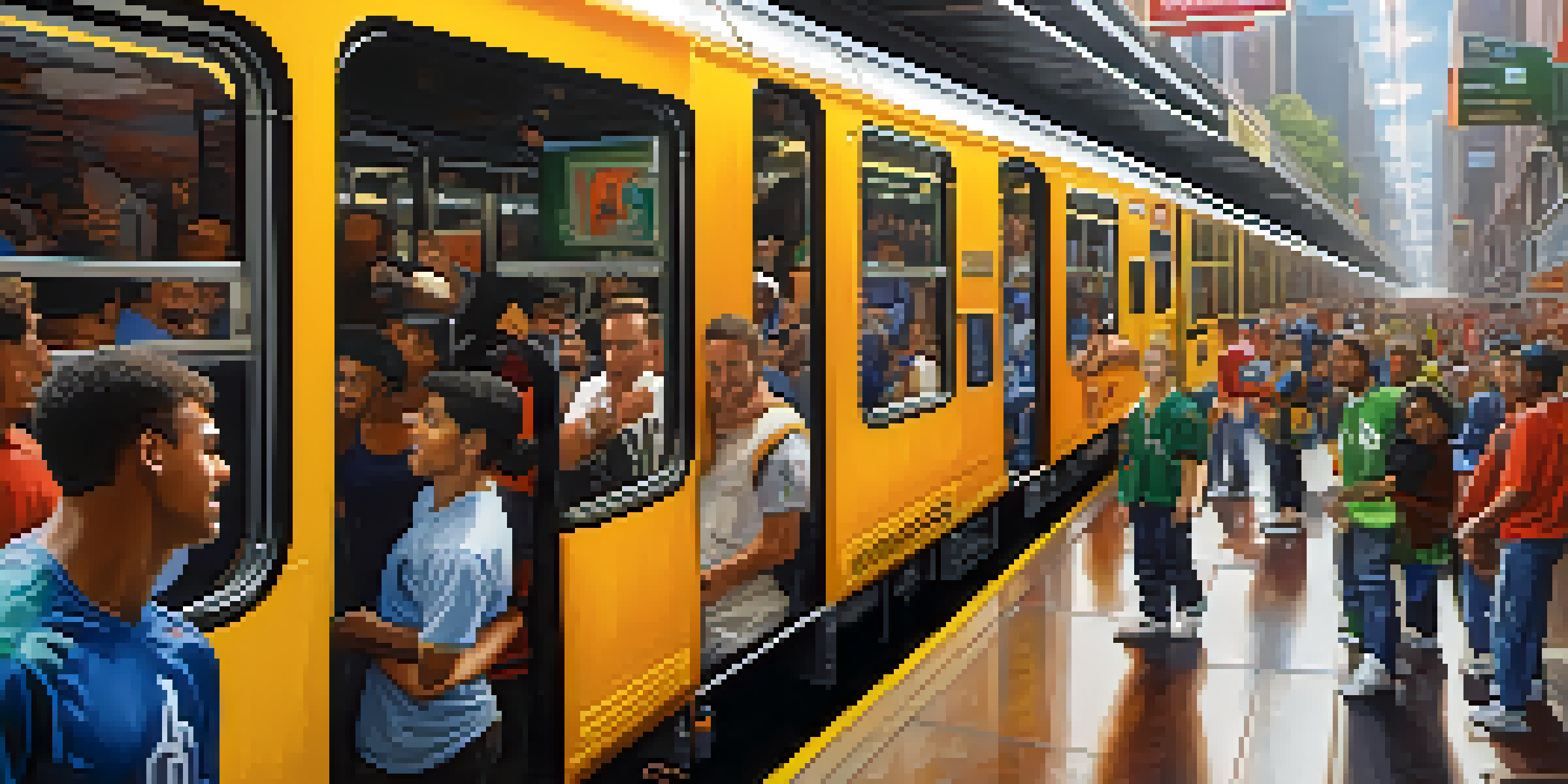 A vibrant subway station filled with sports fans in team jerseys, boarding a decorated train, with bright lights and reflections of happy faces.