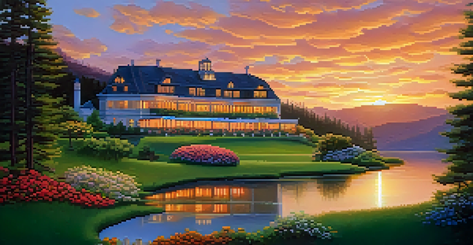 A picturesque hotel surrounded by green hills at sunset, with lights glowing warmly and a calm lake in the foreground.