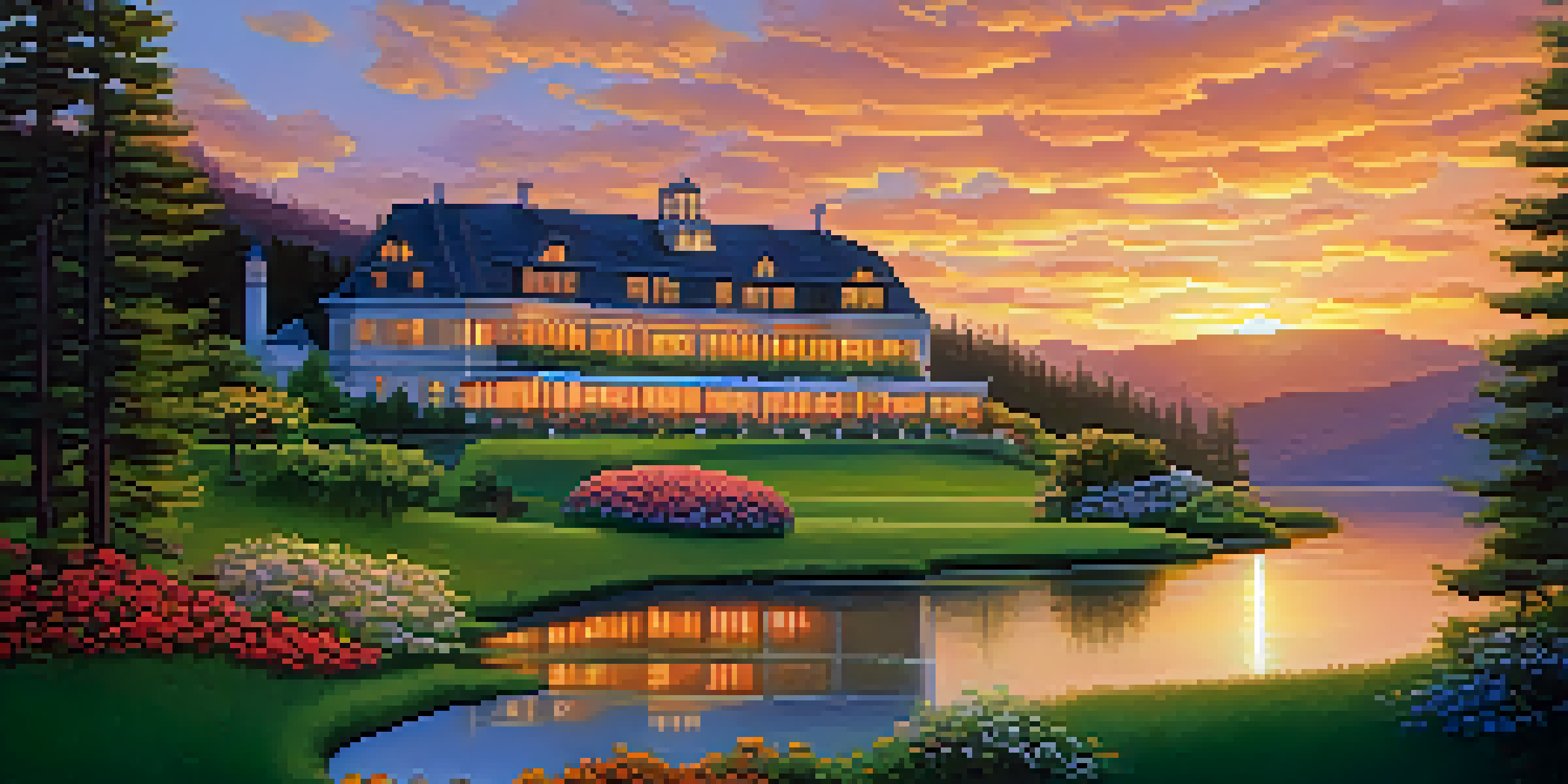 A picturesque hotel surrounded by green hills at sunset, with lights glowing warmly and a calm lake in the foreground.
