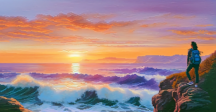 A woman stands on a cliff, gazing at a colorful sunset over the ocean, symbolizing a mindful travel experience.