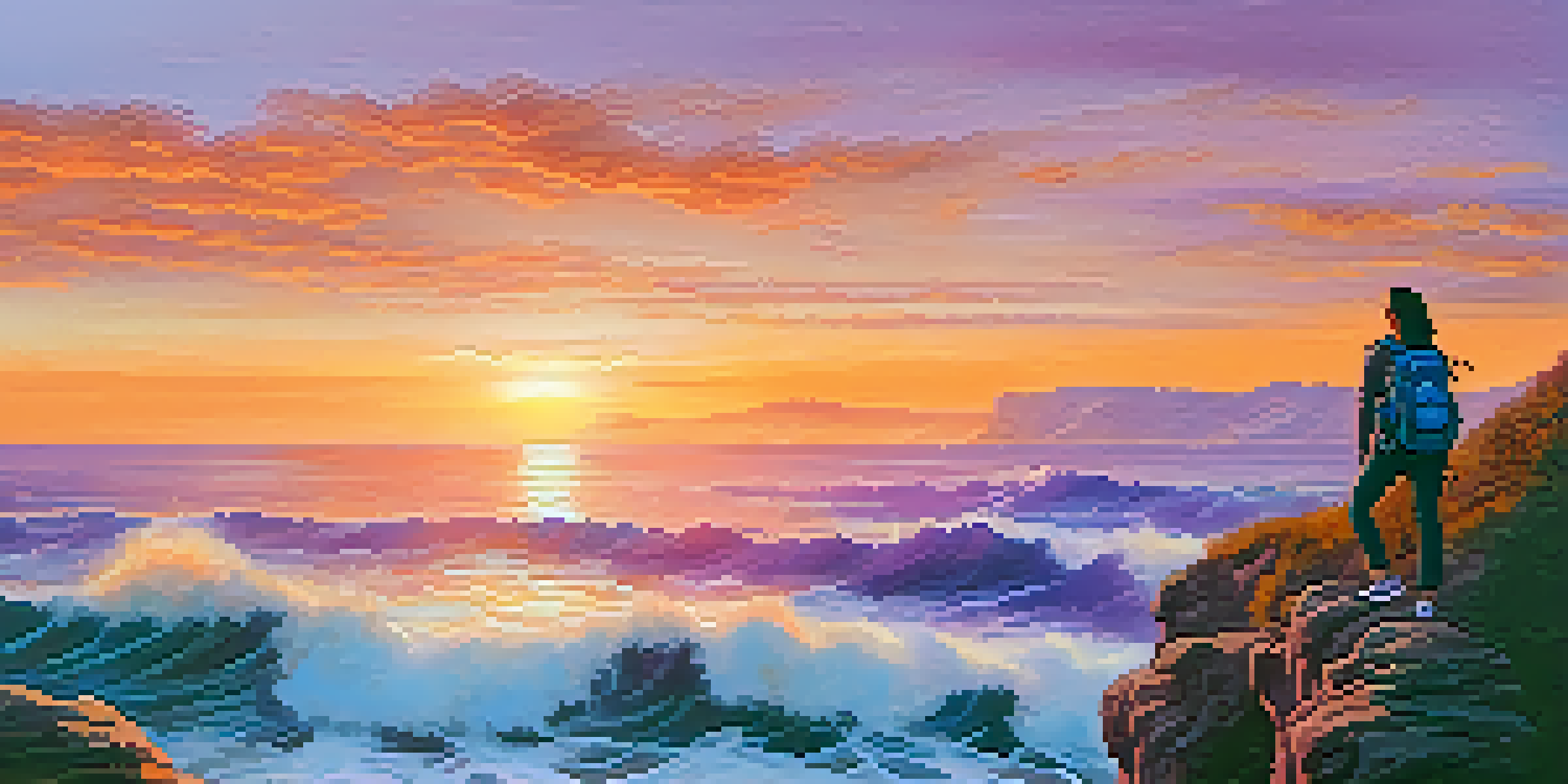 A woman stands on a cliff, gazing at a colorful sunset over the ocean, symbolizing a mindful travel experience.