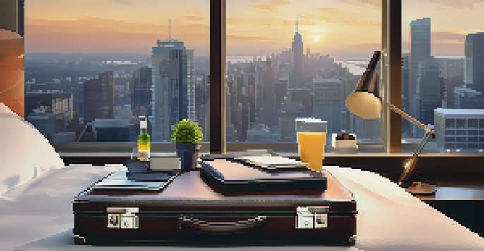 An open suitcase on a hotel bed filled with clothes, tech gadgets, and toiletries, with a city skyline visible through the window.