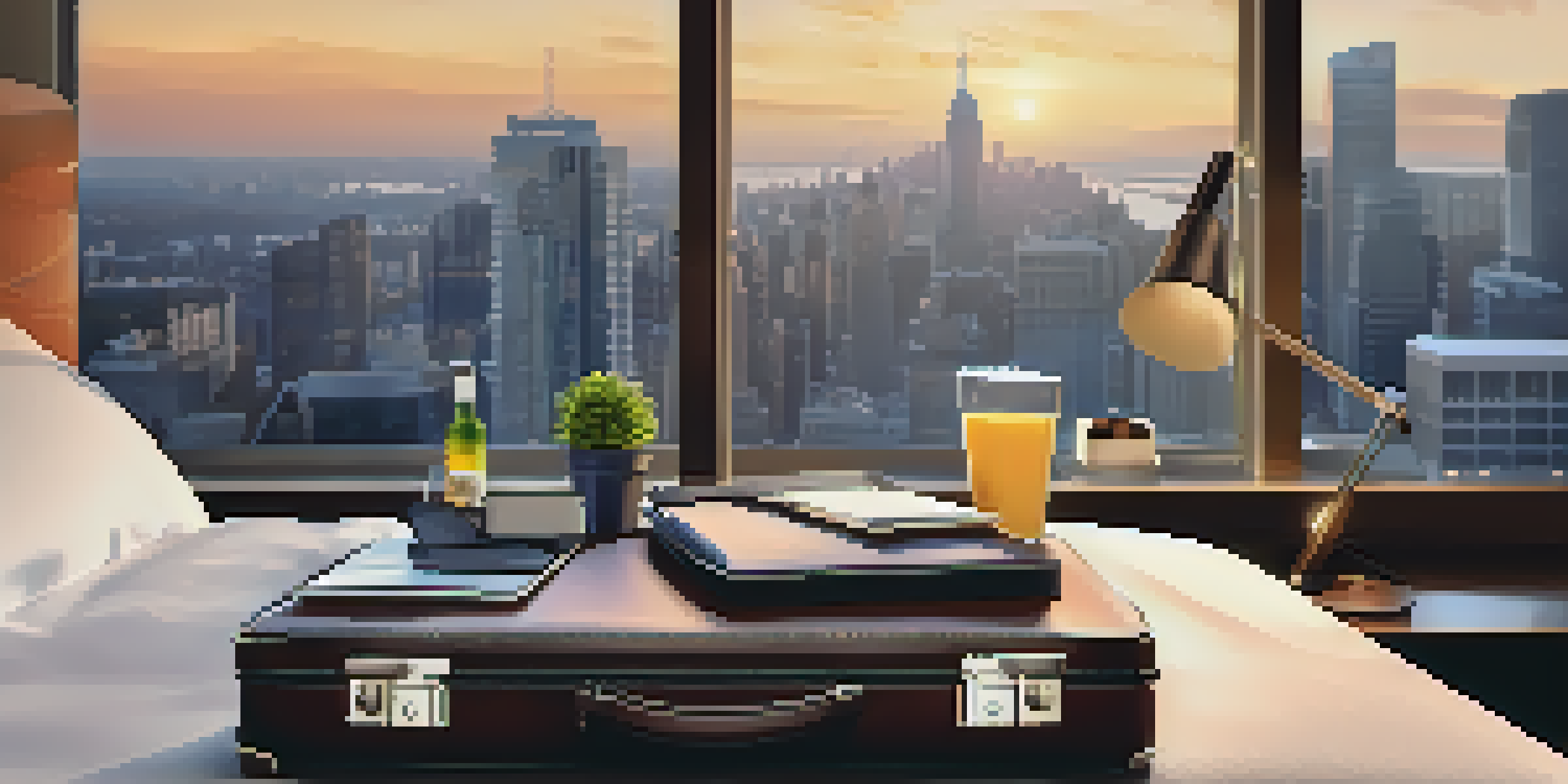 An open suitcase on a hotel bed filled with clothes, tech gadgets, and toiletries, with a city skyline visible through the window.