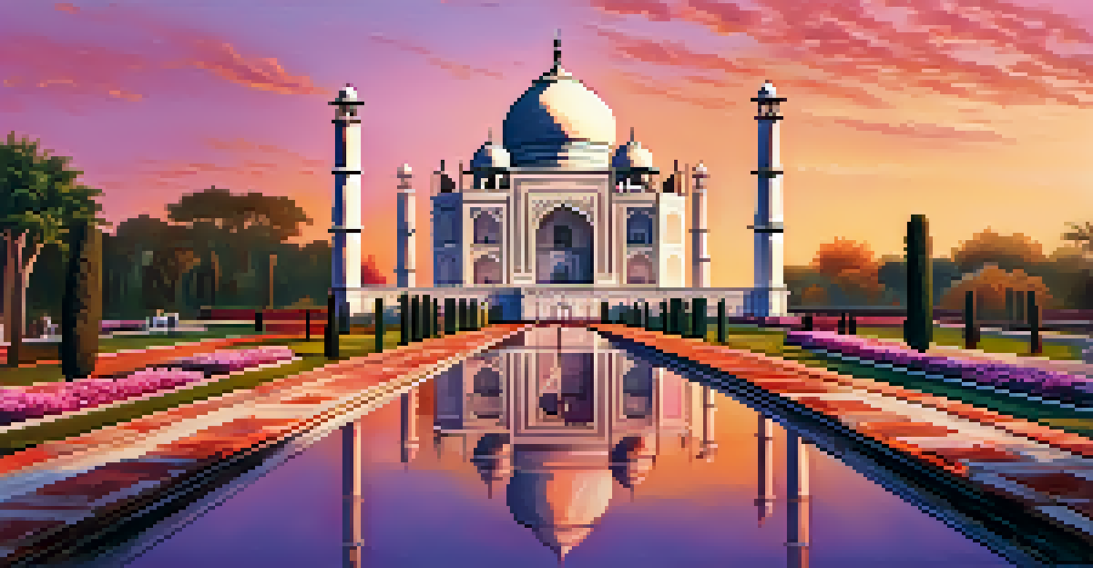 The Taj Mahal at sunset, glowing in pink and orange tones, surrounded by lush gardens and reflecting pools.