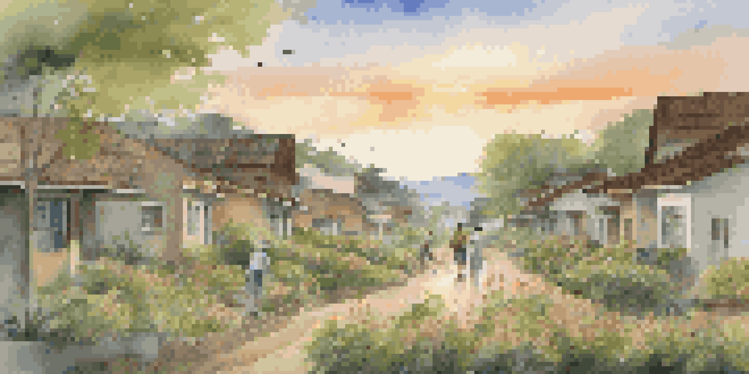 A landscape showing a community recovering from a disaster with lush greenery, rebuilt homes, and locals planting trees and flowers under a warm golden sunset.