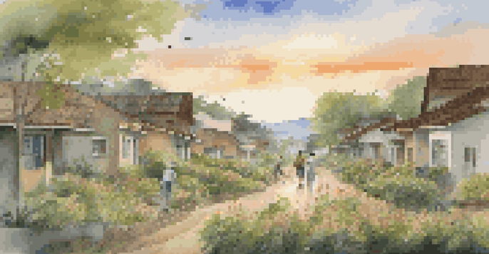 A landscape showing a community recovering from a disaster with lush greenery, rebuilt homes, and locals planting trees and flowers under a warm golden sunset.