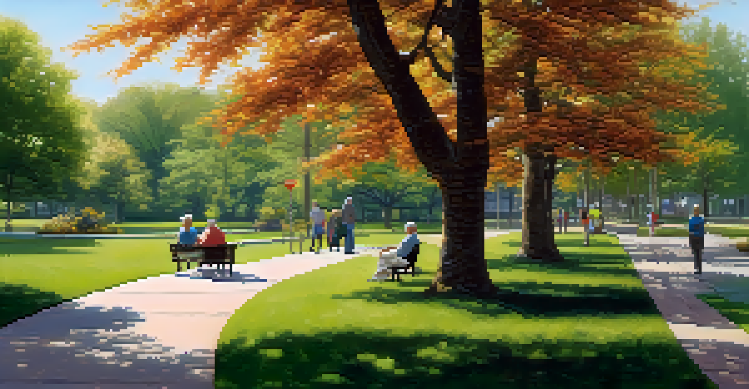 Seniors walking in a tranquil park surrounded by greenery and flowers, some sitting on benches enjoying the day.