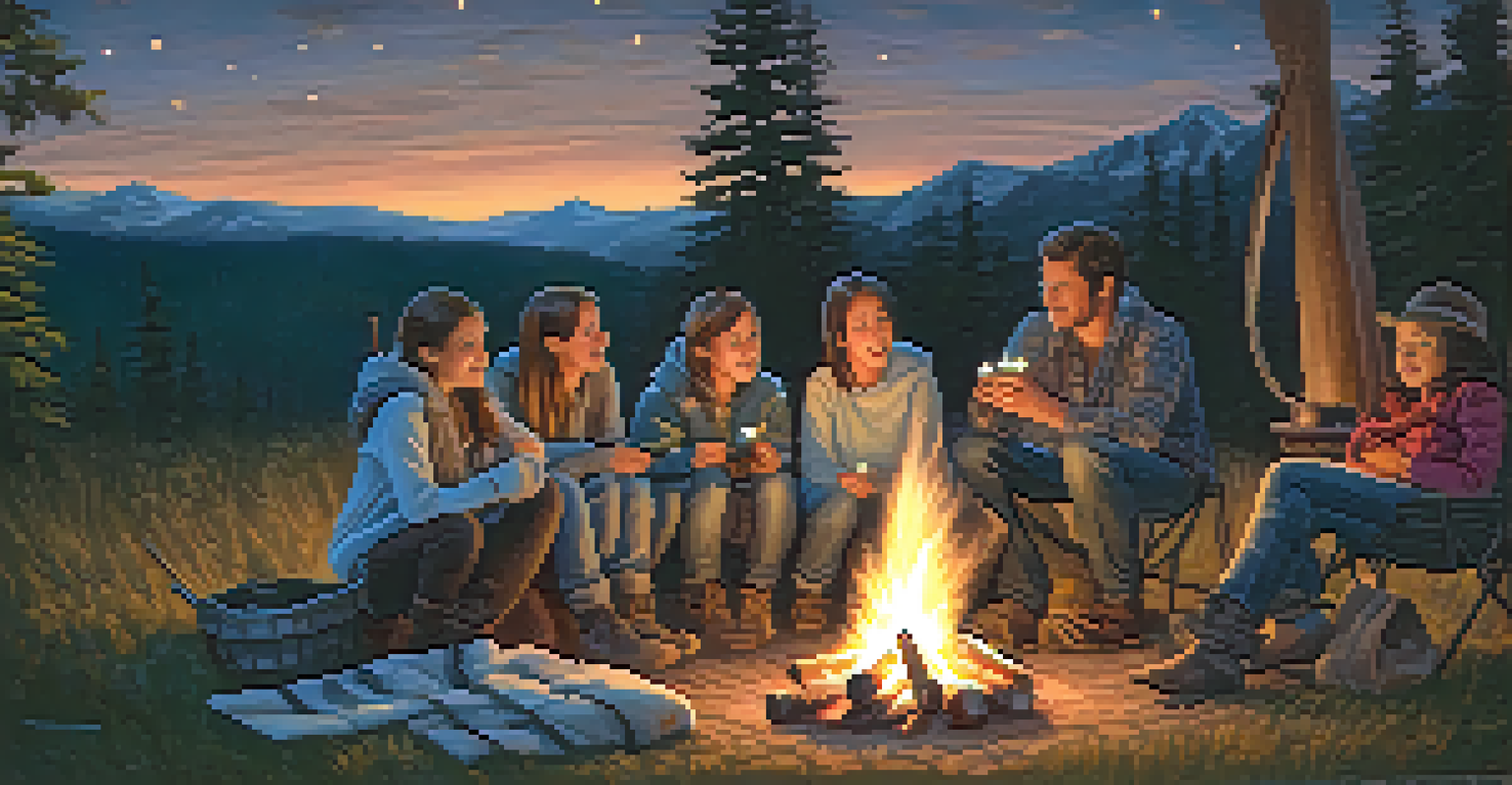 A family enjoying a campfire at night, roasting marshmallows and sharing stories under a starry sky.