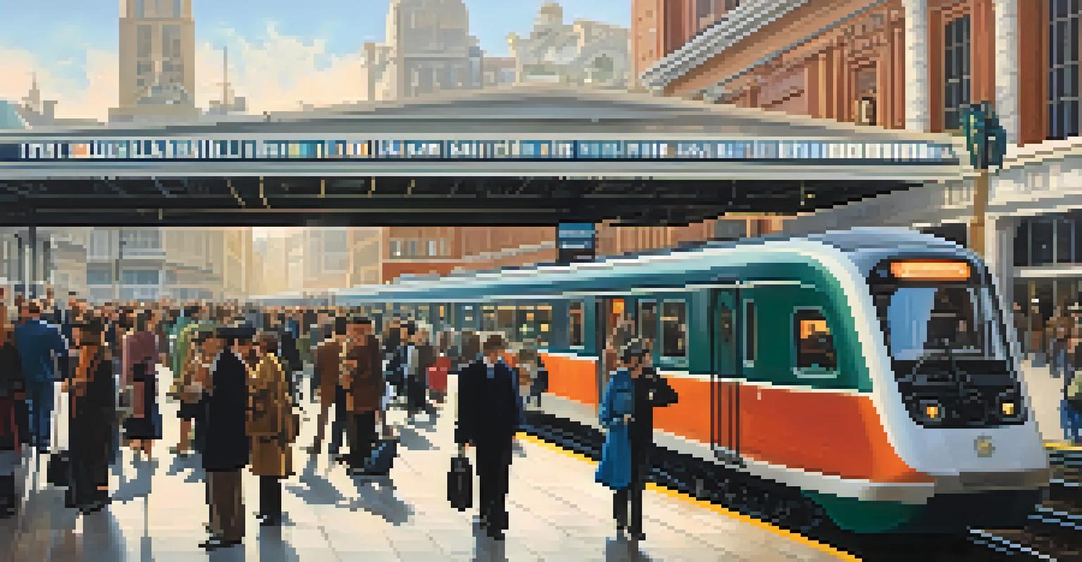 A busy city train station filled with travelers, showcasing a blend of modern and classic architectural styles.
