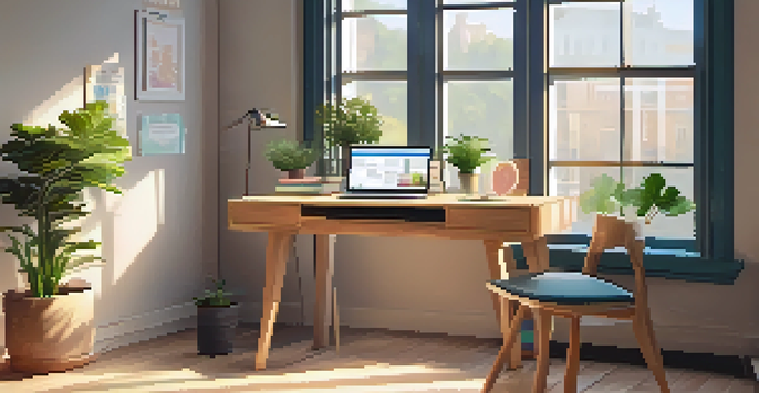 A cozy wooden desk with a laptop and colorful stationery, illuminated by soft natural light from a window.