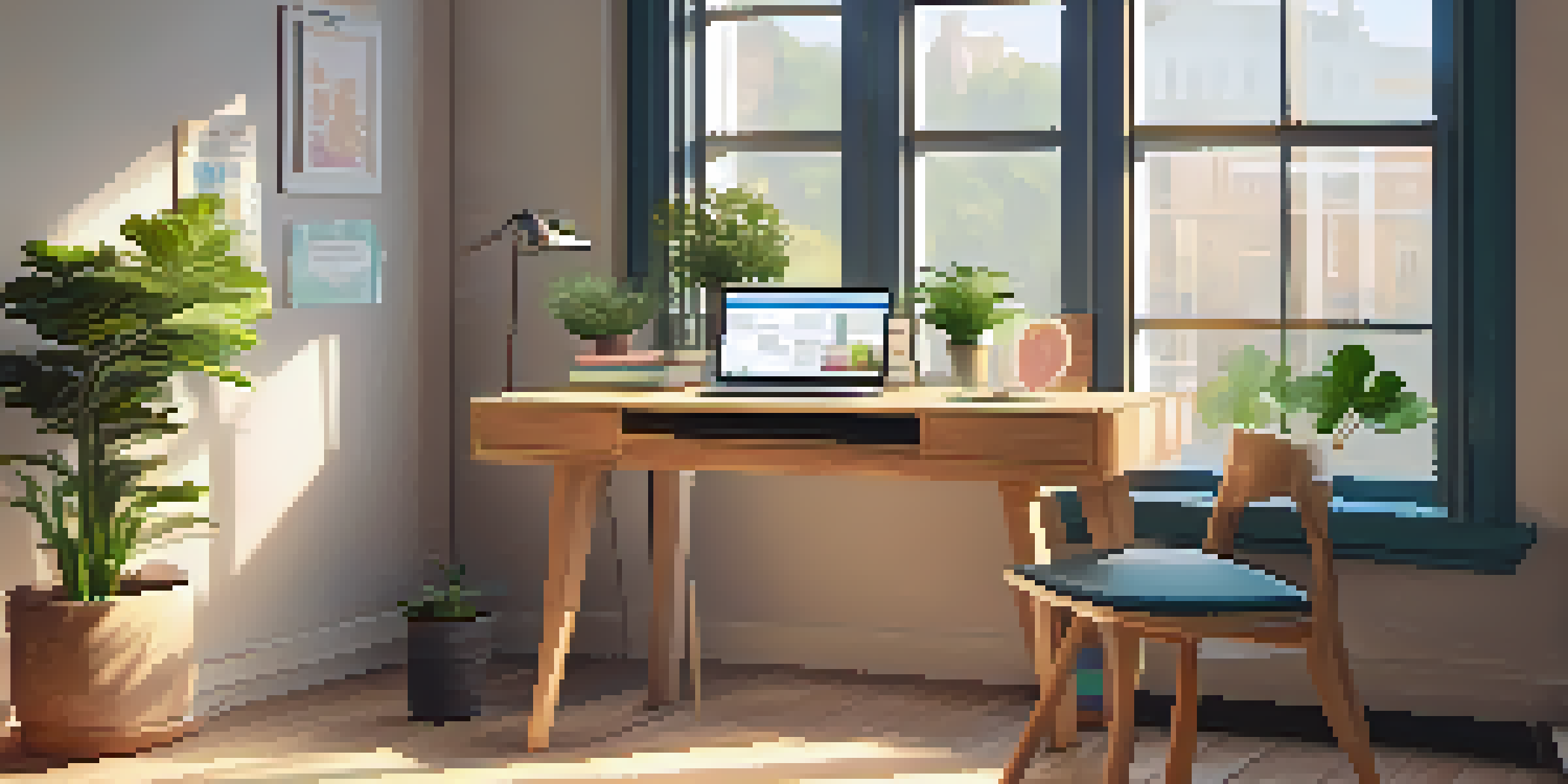 A cozy wooden desk with a laptop and colorful stationery, illuminated by soft natural light from a window.