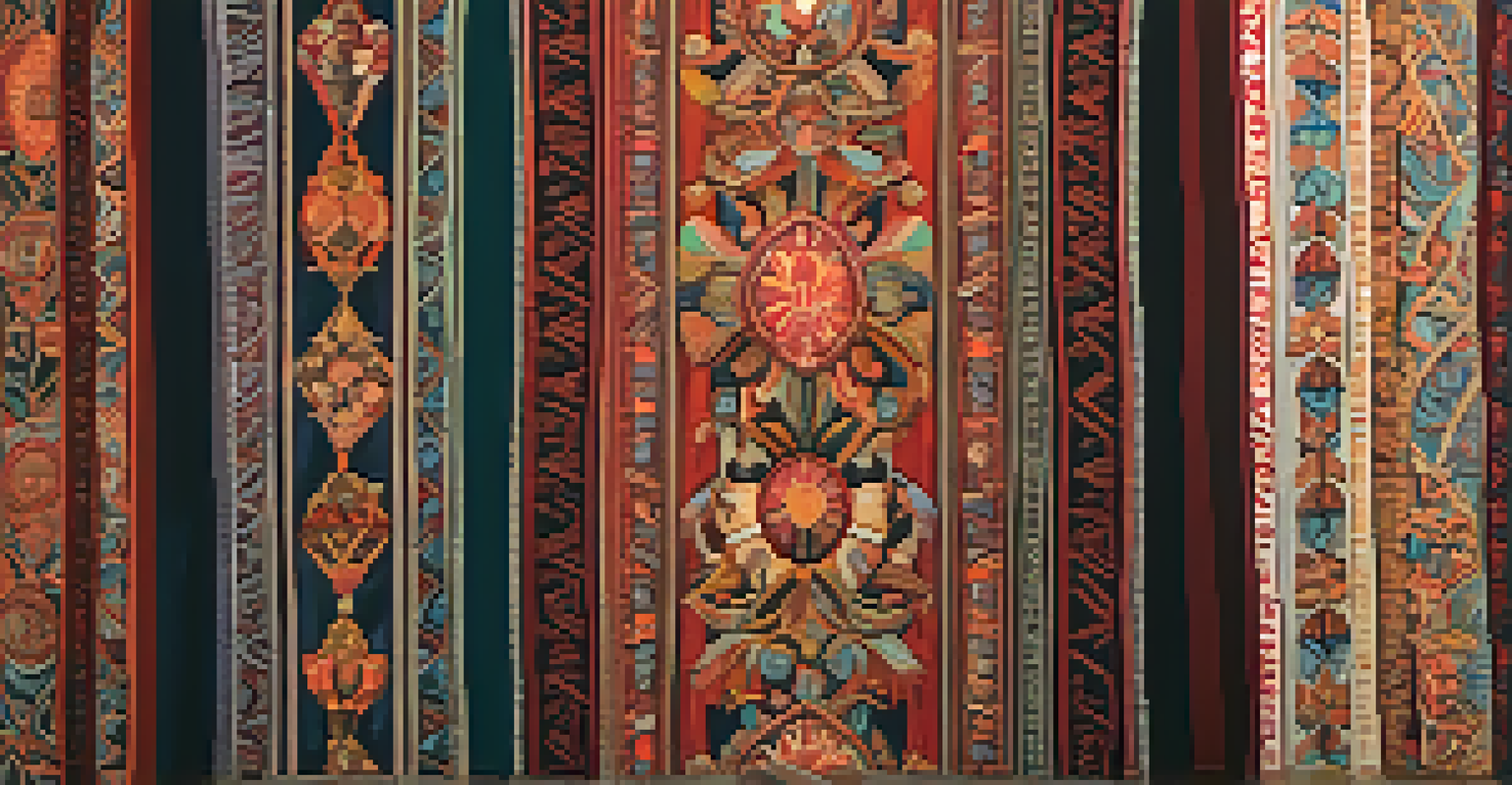 A detailed tapestry with vibrant colors and intricate patterns displayed in an artisan's shop, illuminated by soft light.