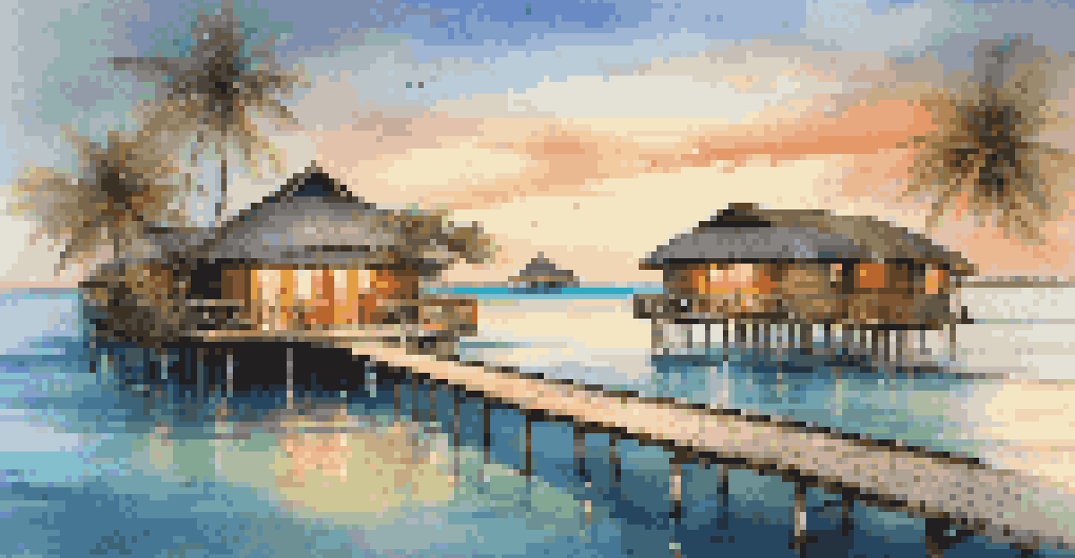 A beachfront eco-resort in the Maldives with private villas over clear waters, surrounded by sandy beaches and palm trees at sunset.